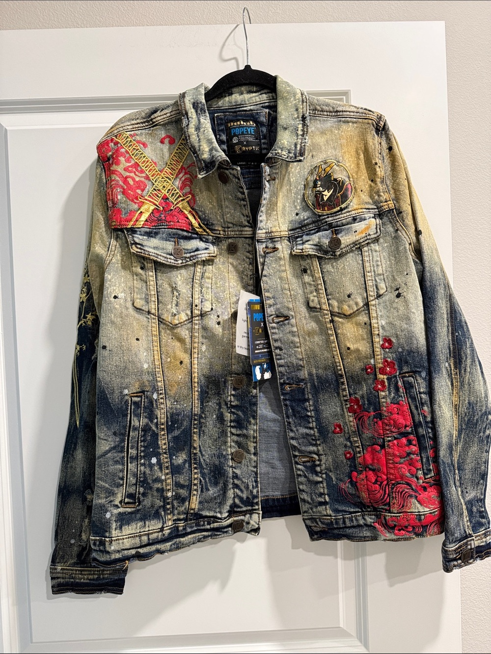 NWT Popeye x de Kryptic embroidered Denim Jacket - Distressed sz l
